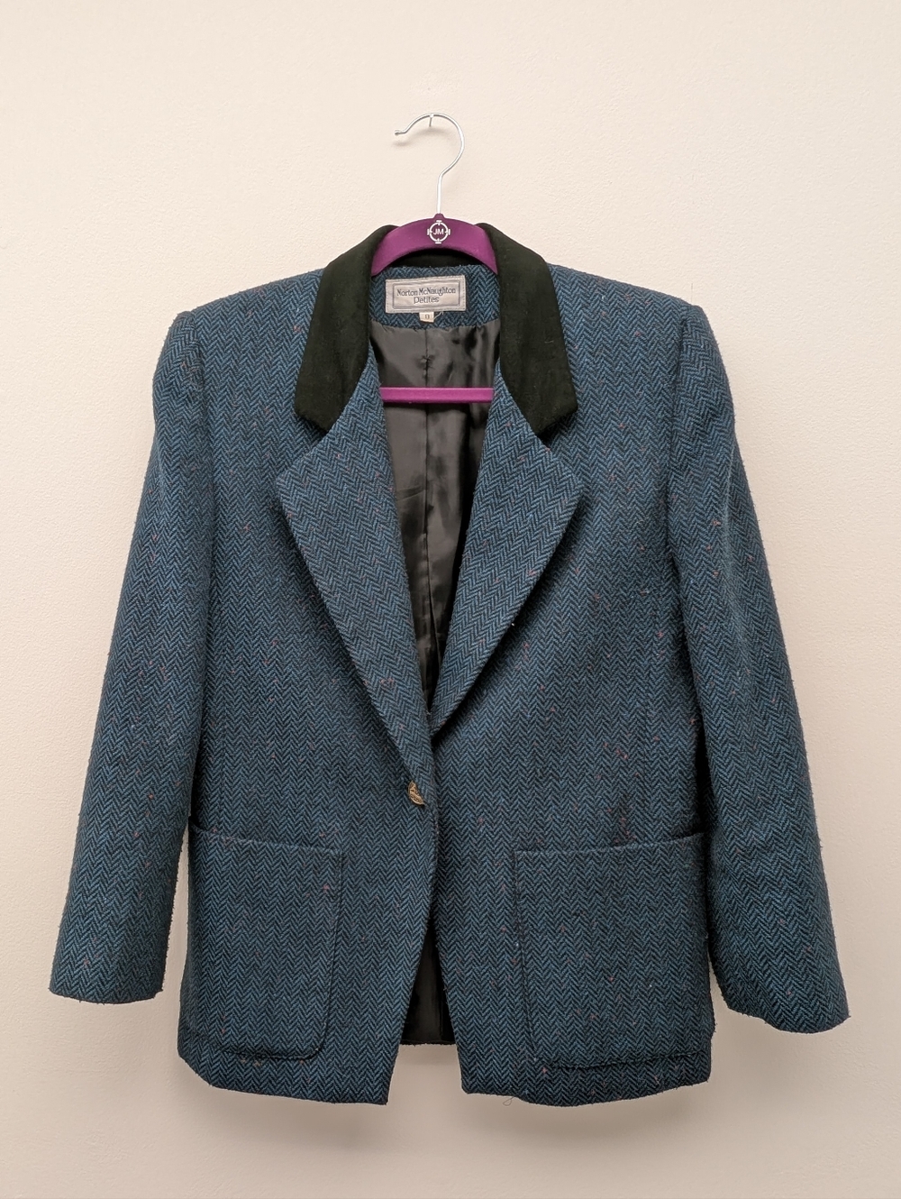 Norton McNaughton Teal Herringbone Jacket with Black Velvet Collar 8 Petite